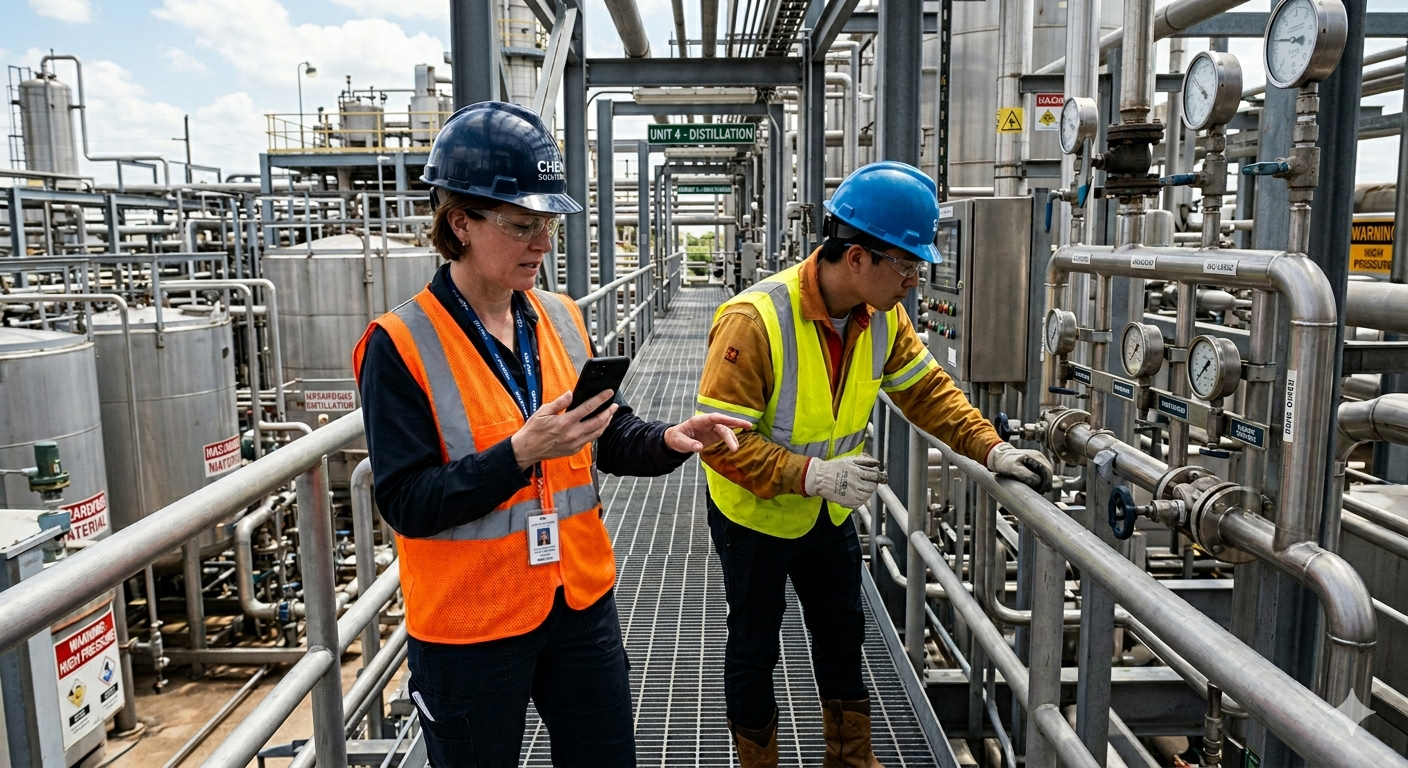 Industrial operators reviewing equipment data on a mobile device